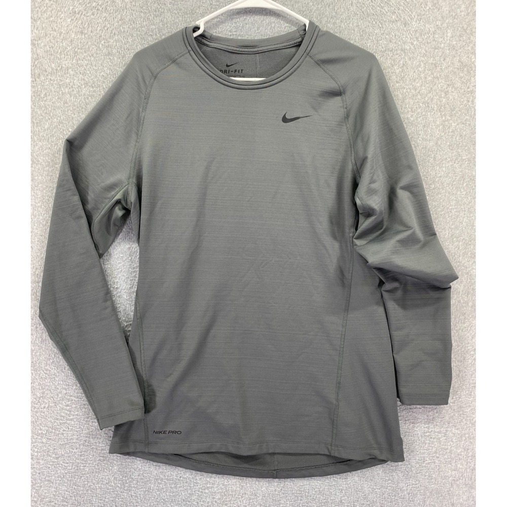 Nike Pro Compression Dri-Fit Shirt Long Sleeve Grey Mens LARGE Crew Slim Workout